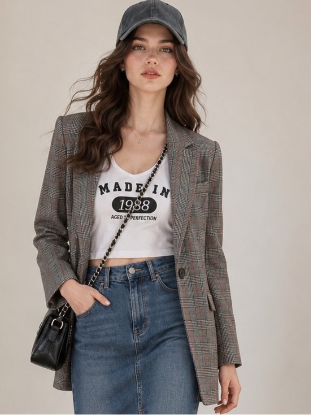 Women’s Brown Plaid Oversized Blazer – Glen Check Boyfriend Jacket